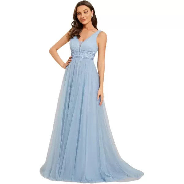 imageEverPretty Womens Maxi Sleeveless Double VNeck Lace ALine Ruched Tulle Wedding Dresses 0096AIce Blue