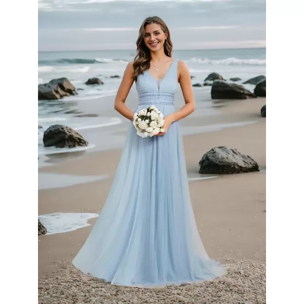 imageEverPretty Womens Maxi Sleeveless Double VNeck Lace ALine Ruched Tulle Wedding Dresses 0096AIce Blue