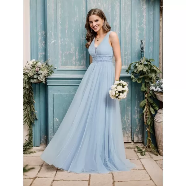 imageEverPretty Womens Maxi Sleeveless Double VNeck Lace ALine Ruched Tulle Wedding Dresses 0096AIce Blue