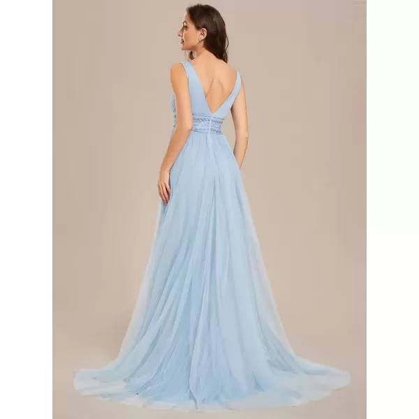 imageEverPretty Womens Maxi Sleeveless Double VNeck Lace ALine Ruched Tulle Wedding Dresses 0096AIce Blue