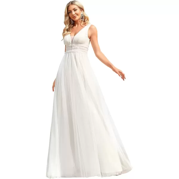 imageEverPretty Womens Maxi Sleeveless Double VNeck Lace ALine Ruched Tulle Wedding Dresses 0096AWhite