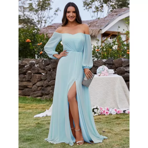 imageEverPretty Womens Off Shoulder Lantern Sleeves A Line Split Maxi Bridesmaid Dresses S0002Blue