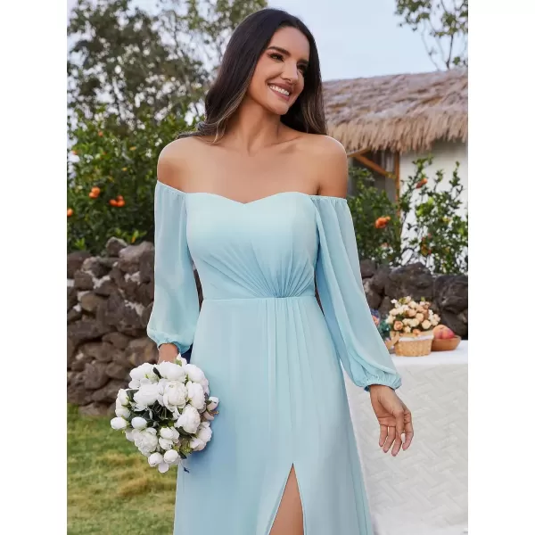 imageEverPretty Womens Off Shoulder Lantern Sleeves A Line Split Maxi Bridesmaid Dresses S0002Blue