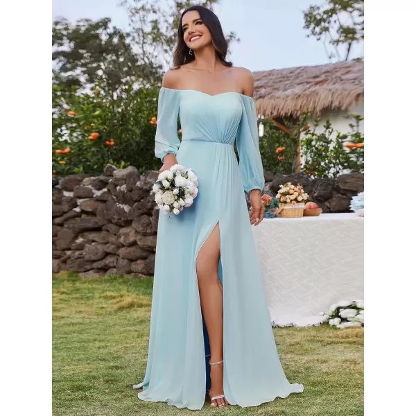 imageEverPretty Womens Off Shoulder Lantern Sleeves A Line Split Maxi Bridesmaid Dresses S0002Blue