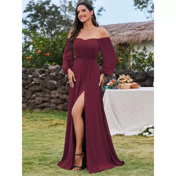 imageEverPretty Womens Off Shoulder Lantern Sleeves A Line Split Maxi Bridesmaid Dresses S0002Burgundy