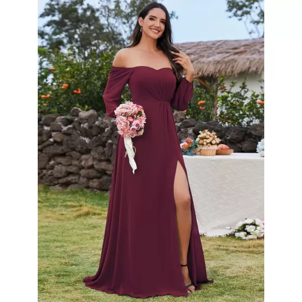 imageEverPretty Womens Off Shoulder Lantern Sleeves A Line Split Maxi Bridesmaid Dresses S0002Burgundy