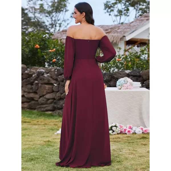 imageEverPretty Womens Off Shoulder Lantern Sleeves A Line Split Maxi Bridesmaid Dresses S0002Burgundy