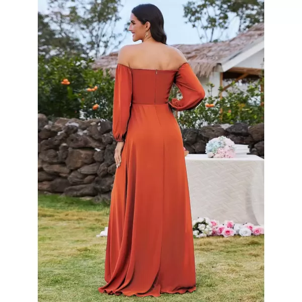 imageEverPretty Womens Off Shoulder Lantern Sleeves A Line Split Maxi Bridesmaid Dresses S0002Burnt Orange