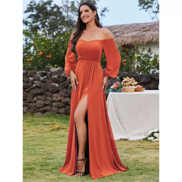 imageEverPretty Womens Off Shoulder Lantern Sleeves A Line Split Maxi Bridesmaid Dresses S0002Burnt Orange