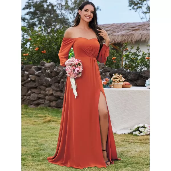 imageEverPretty Womens Off Shoulder Lantern Sleeves A Line Split Maxi Bridesmaid Dresses S0002Burnt Orange