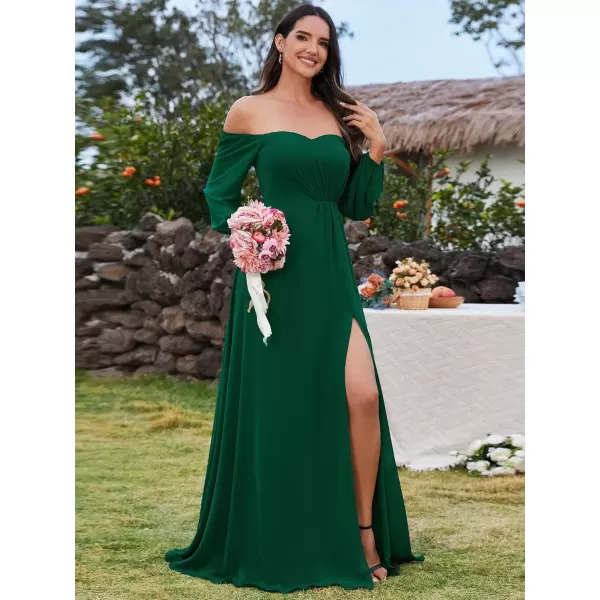 imageEverPretty Womens Off Shoulder Lantern Sleeves A Line Split Maxi Bridesmaid Dresses S0002Dark Green