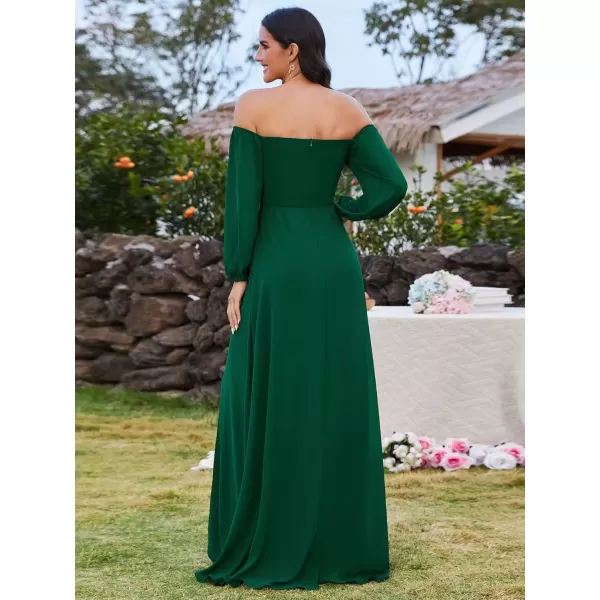 imageEverPretty Womens Off Shoulder Lantern Sleeves A Line Split Maxi Bridesmaid Dresses S0002Dark Green