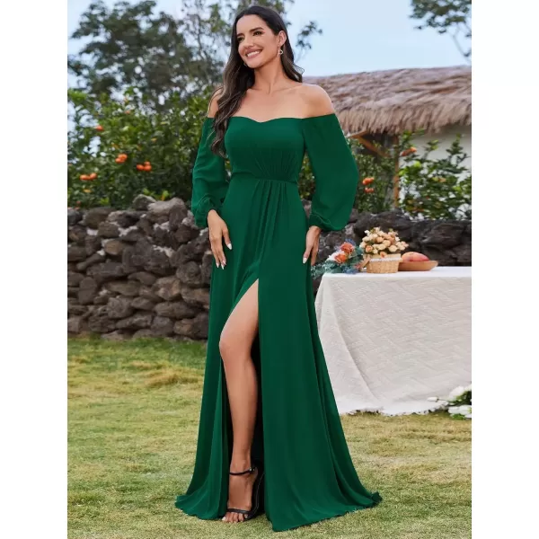 imageEverPretty Womens Off Shoulder Lantern Sleeves A Line Split Maxi Bridesmaid Dresses S0002Dark Green