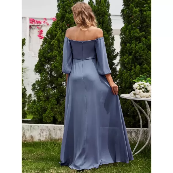 imageEverPretty Womens Off Shoulder Lantern Sleeves A Line Split Maxi Bridesmaid Dresses S0002Dusty Navy