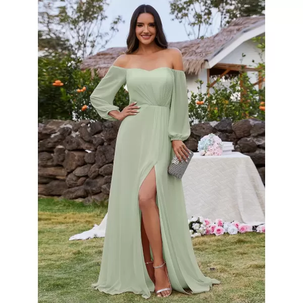 imageEverPretty Womens Off Shoulder Lantern Sleeves A Line Split Maxi Bridesmaid Dresses S0002Mint Green