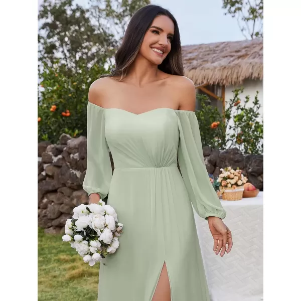 imageEverPretty Womens Off Shoulder Lantern Sleeves A Line Split Maxi Bridesmaid Dresses S0002Mint Green