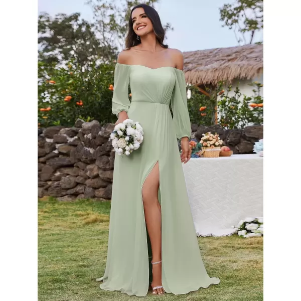 imageEverPretty Womens Off Shoulder Lantern Sleeves A Line Split Maxi Bridesmaid Dresses S0002Mint Green