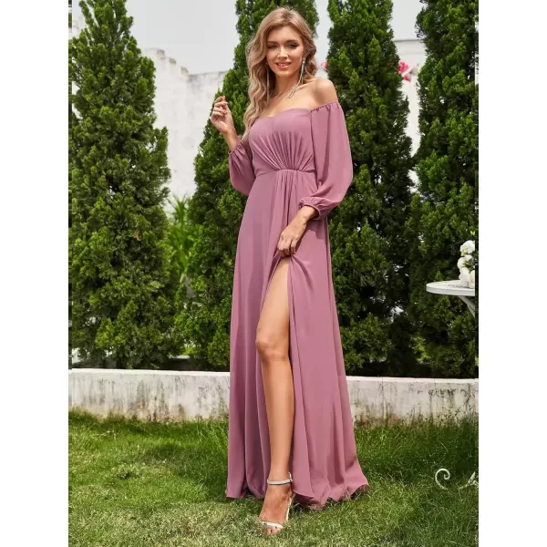 imageEverPretty Womens Off Shoulder Lantern Sleeves A Line Split Maxi Bridesmaid Dresses S0002Orchid