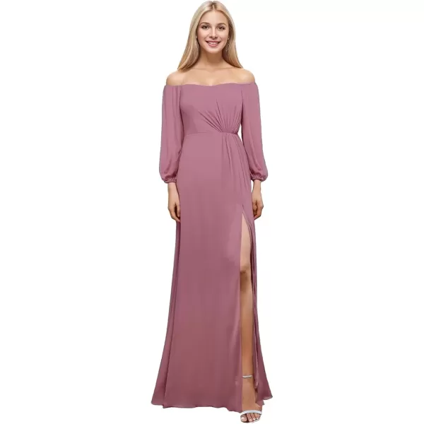 imageEverPretty Womens Off Shoulder Lantern Sleeves A Line Split Maxi Bridesmaid Dresses S0002Orchid