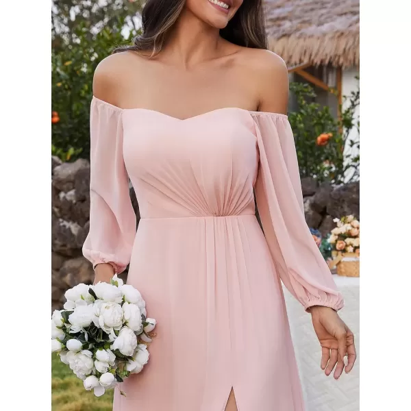 imageEverPretty Womens Off Shoulder Lantern Sleeves A Line Split Maxi Bridesmaid Dresses S0002Pink