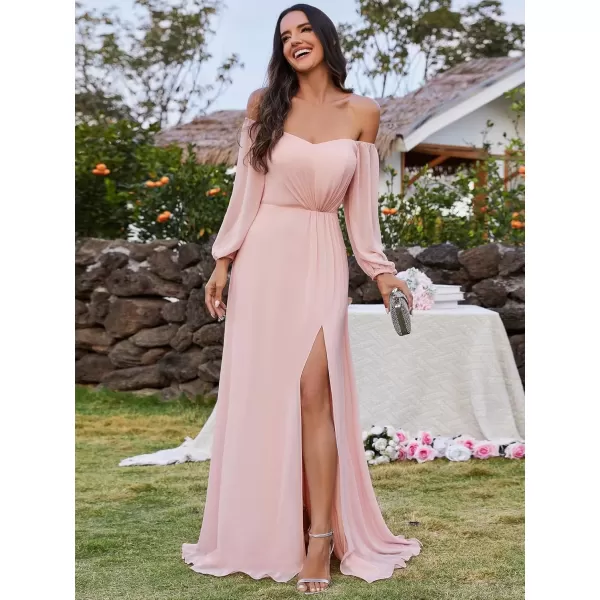 imageEverPretty Womens Off Shoulder Lantern Sleeves A Line Split Maxi Bridesmaid Dresses S0002Pink