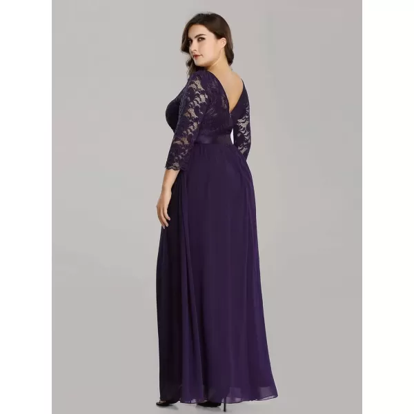 imageEverPretty Womens Plus Size ALine 34 Lace Sleeves Chiffon Long Maxi Formal Mother of The Bride Dresses 7412PZDark Purple