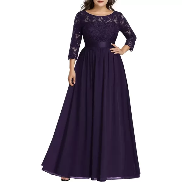 imageEverPretty Womens Plus Size ALine 34 Lace Sleeves Chiffon Long Maxi Formal Mother of The Bride Dresses 7412PZDark Purple