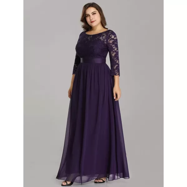 imageEverPretty Womens Plus Size ALine 34 Lace Sleeves Chiffon Long Maxi Formal Mother of The Bride Dresses 7412PZDark Purple