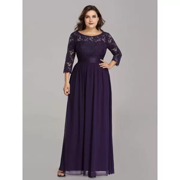 imageEverPretty Womens Plus Size ALine 34 Lace Sleeves Chiffon Long Maxi Formal Mother of The Bride Dresses 7412PZDark Purple