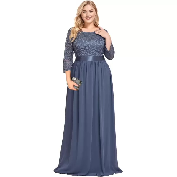 imageEverPretty Womens Plus Size ALine 34 Lace Sleeves Chiffon Long Maxi Formal Mother of The Bride Dresses 7412PZDusty Blue