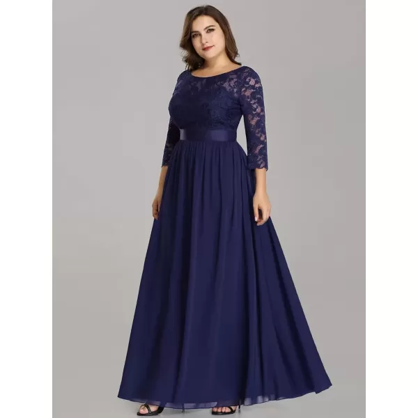 imageEverPretty Womens Plus Size ALine 34 Lace Sleeves Chiffon Long Maxi Formal Mother of The Bride Dresses 7412PZNavy Blue