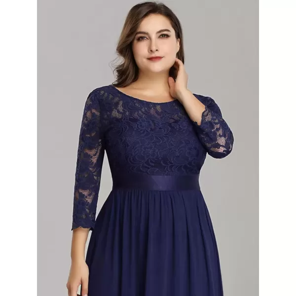 imageEverPretty Womens Plus Size ALine 34 Lace Sleeves Chiffon Long Maxi Formal Mother of The Bride Dresses 7412PZNavy Blue