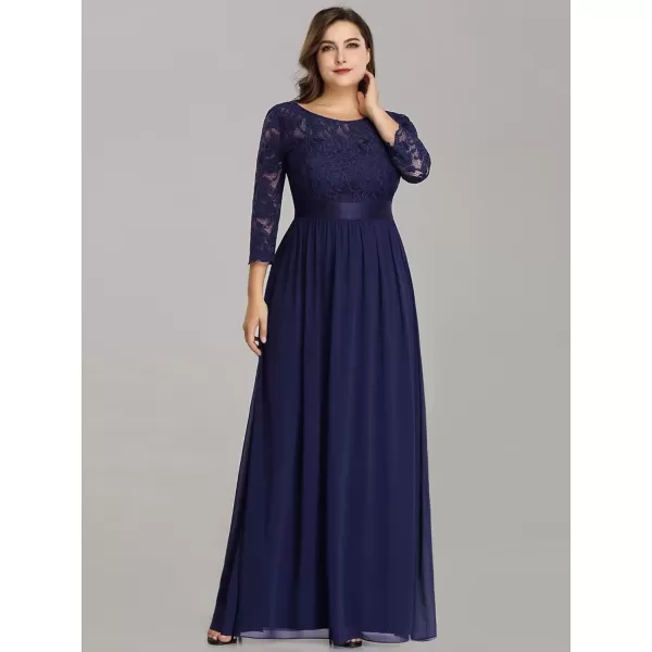 imageEverPretty Womens Plus Size ALine 34 Lace Sleeves Chiffon Long Maxi Formal Mother of The Bride Dresses 7412PZNavy Blue