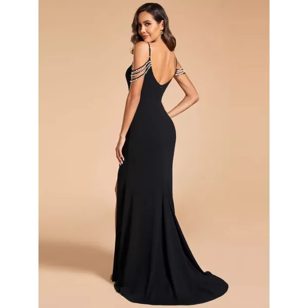 imageEverPretty Womens Ruched Pearl Chain Cold Shoulder Bodycon Mermaid Wedding Dress 01859Black