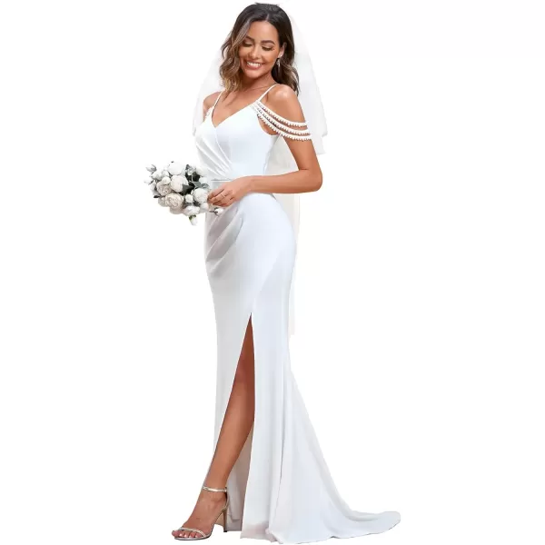 imageEverPretty Womens Ruched Pearl Chain Cold Shoulder Bodycon Mermaid Wedding Dress 01859White