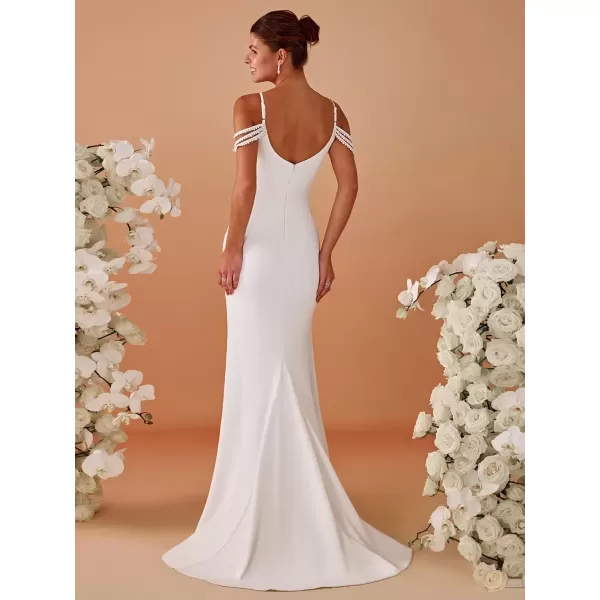 imageEverPretty Womens Ruched Pearl Chain Cold Shoulder Bodycon Mermaid Wedding Dress 01859White