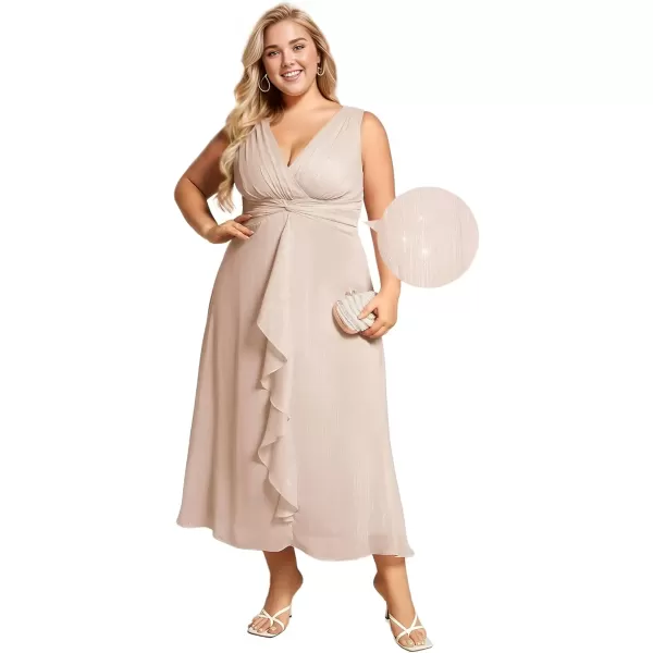 imageEverPretty Womens Sleeveless V Neck A Line Pleated Plus Size Tea Length Wedding Guest Dresses 11977DAChampagne