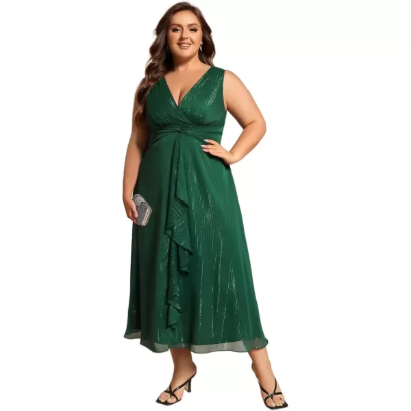 imageEverPretty Womens Sleeveless V Neck A Line Pleated Plus Size Tea Length Wedding Guest Dresses 11977DADark Green