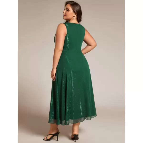 imageEverPretty Womens Sleeveless V Neck A Line Pleated Plus Size Tea Length Wedding Guest Dresses 11977DADark Green