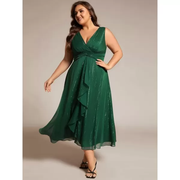 imageEverPretty Womens Sleeveless V Neck A Line Pleated Plus Size Tea Length Wedding Guest Dresses 11977DADark Green