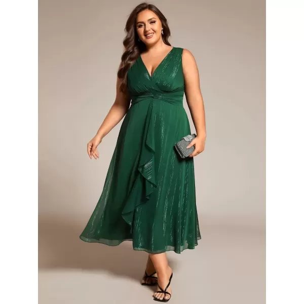 imageEverPretty Womens Sleeveless V Neck A Line Pleated Plus Size Tea Length Wedding Guest Dresses 11977DADark Green