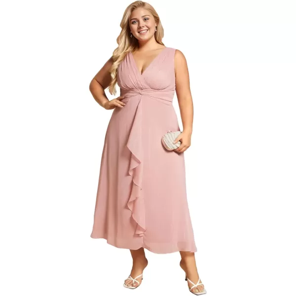 imageEverPretty Womens Sleeveless V Neck A Line Pleated Plus Size Tea Length Wedding Guest Dresses 11977DADusty Rose