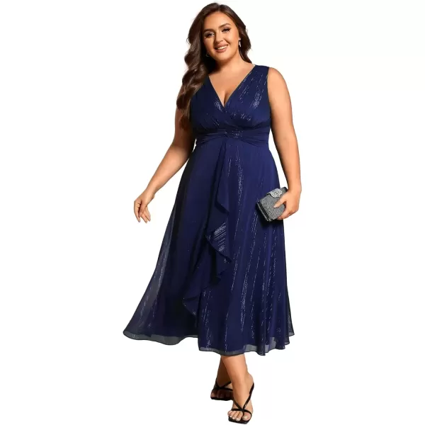 imageEverPretty Womens Sleeveless V Neck A Line Pleated Plus Size Tea Length Wedding Guest Dresses 11977DANavy Blue