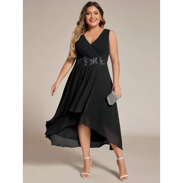 imageEverPretty Womens Summer Chiffon Sleeveless V Neck Applique Plus Size High Low Formal Wedding Guest Dresses 41926DABlack