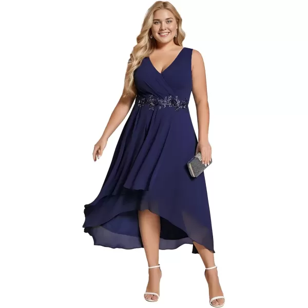 imageEverPretty Womens Summer Chiffon Sleeveless V Neck Applique Plus Size High Low Formal Wedding Guest Dresses 41926DANavy Blue