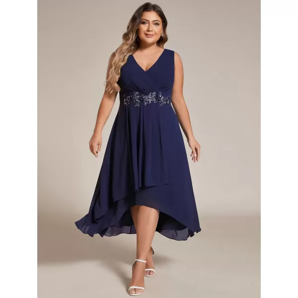 imageEverPretty Womens Summer Chiffon Sleeveless V Neck Applique Plus Size High Low Formal Wedding Guest Dresses 41926DANavy Blue