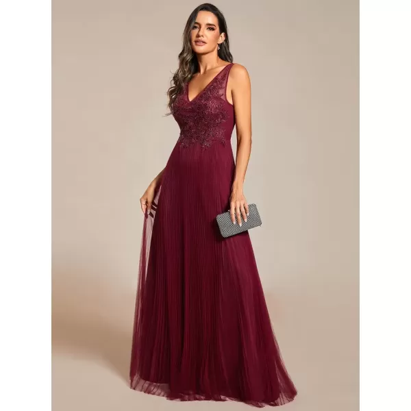 imageEverPretty Womens Trendy Tulle V Neck Appliques Pleated Evening Dresses 01983Burgundy