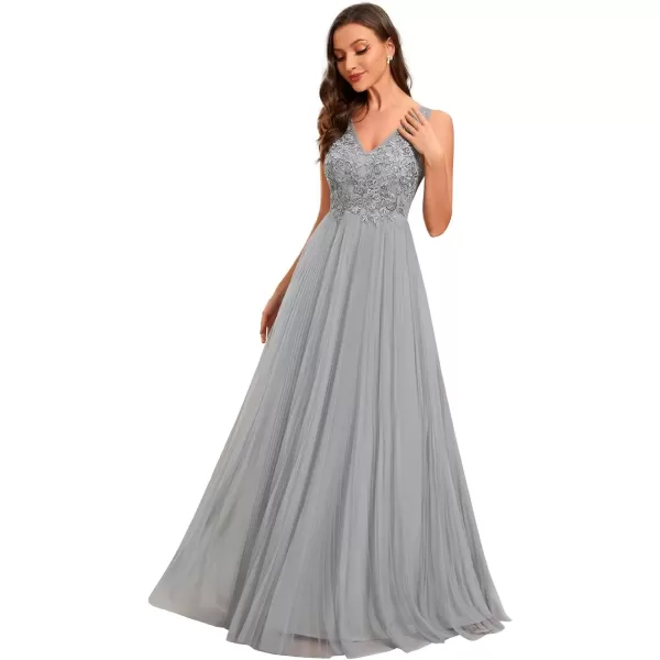 imageEverPretty Womens Trendy Tulle V Neck Appliques Pleated Evening Dresses 01983Grey