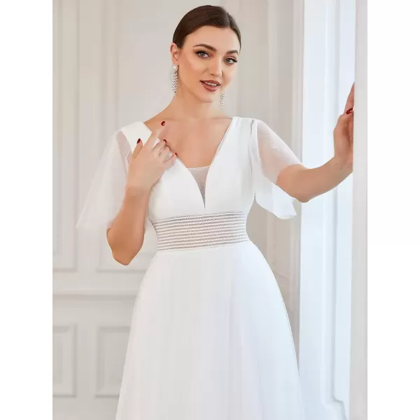 imageEverPretty Womens V Neck Pleated Ruffle Sleeves Elastic Waist ALine Tulle Bridesmaid Dress 0294AWhite