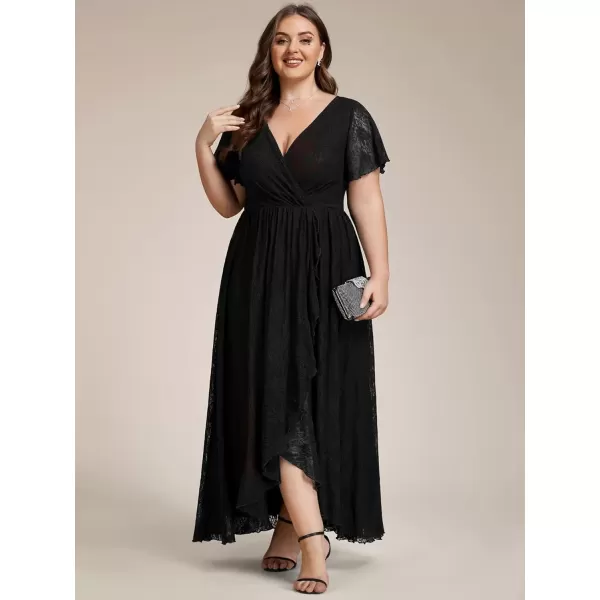 imageEverPretty Womens V Neck Ruffles Sleeves Pleated Loose Lace High Low Plus Size Formal Wedding Guest Dresses 01489DAPHBlack